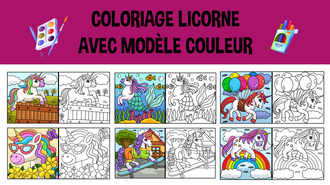 coloriage licorne avec modèle couleur