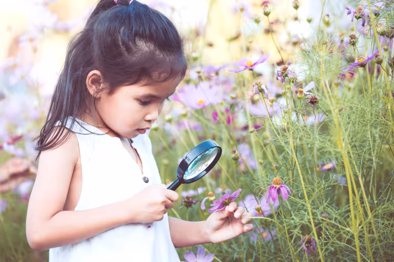 petite fille observant une fleur avec une loupe