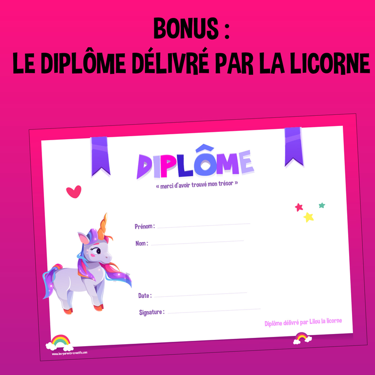diplôme de la chasse au trésor licorne