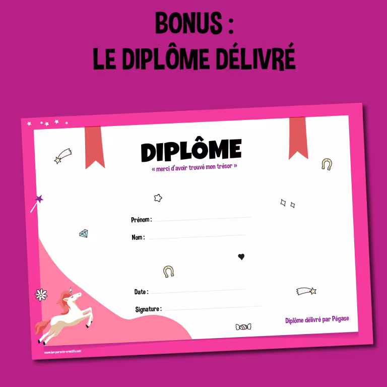 diplôme de la chasse au trésor licorne