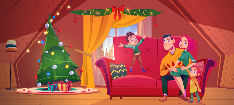famille dans un salon célébrant Noël