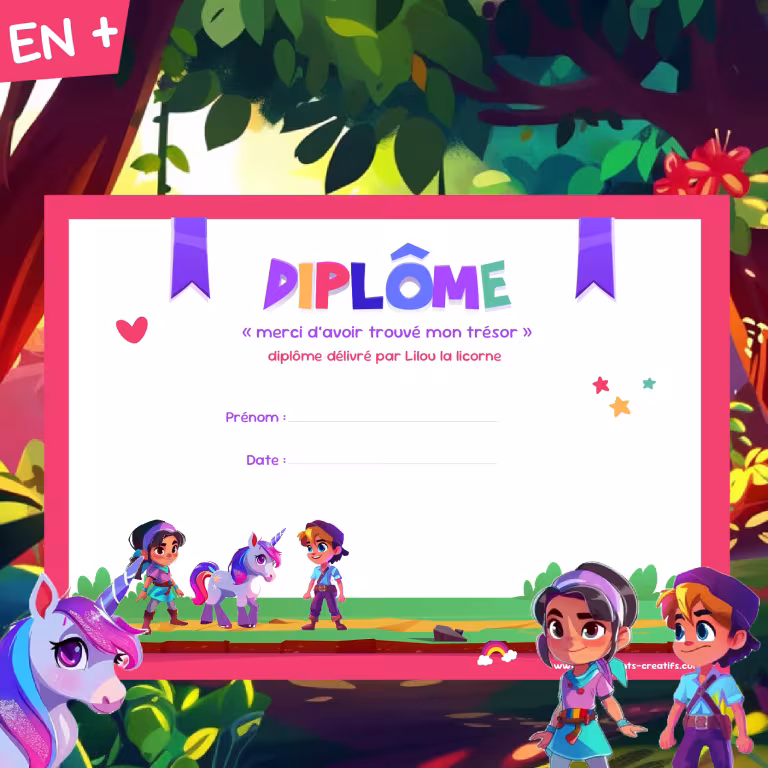 chasse au trésor licornes diplômes pour les enfants