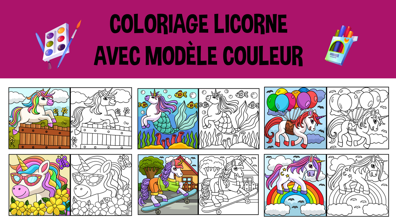 coloriage licorne avec modèle couleur